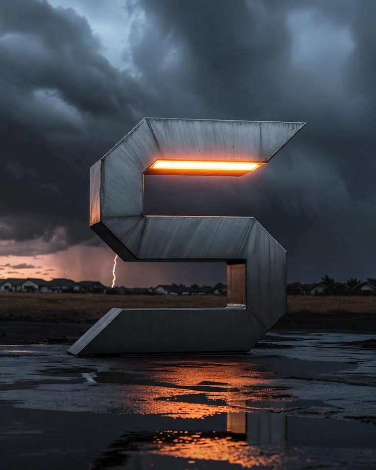 Brushed steel Stormward mark in a Texas field beneath a supercell at dusk